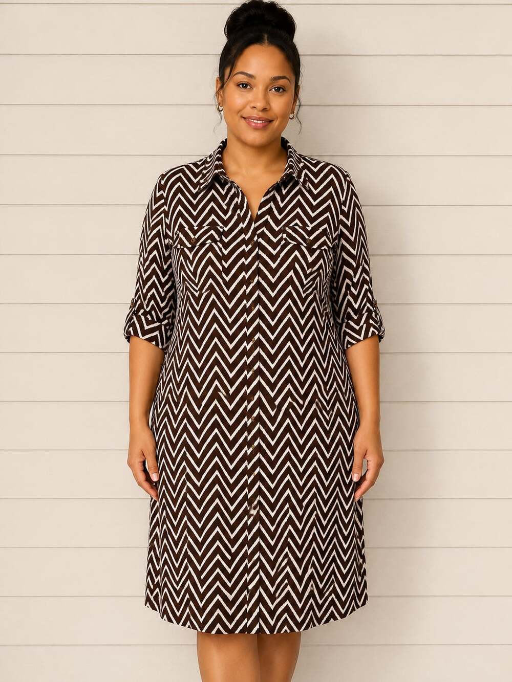 Charter Club Large Black White Chevron Shirt Dress Roll Tab Sleeve Button Front